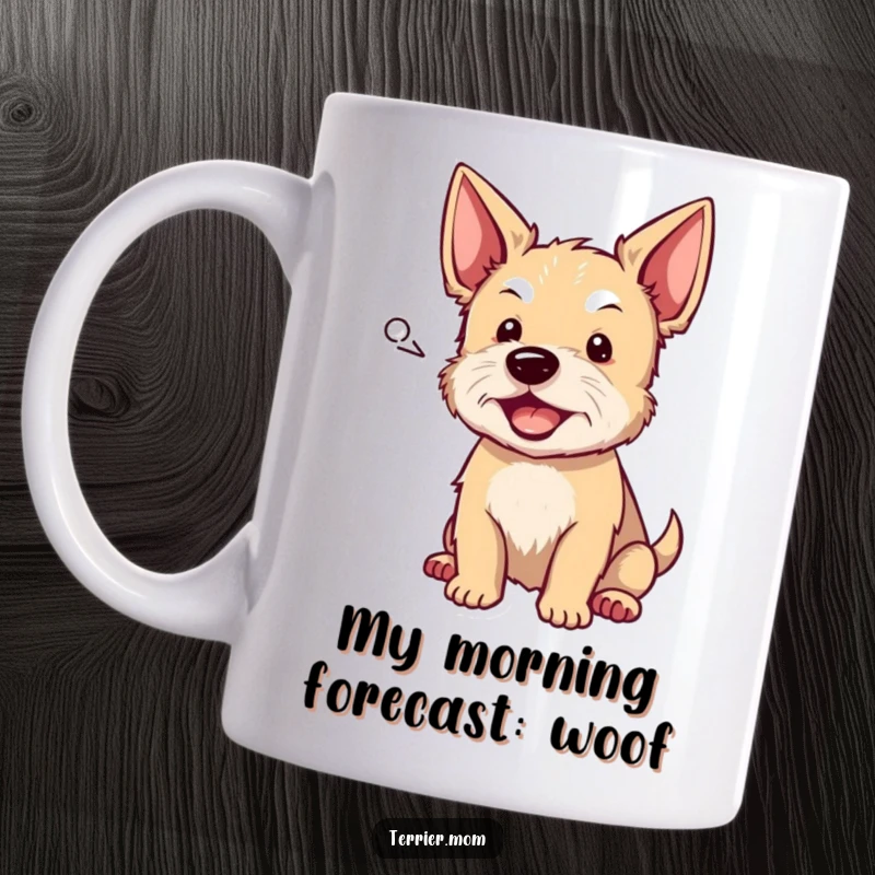 Funny terrier mug featuring a cute dog with a speech bubble, playfully barking with joy and mischief for a hilarious gift.