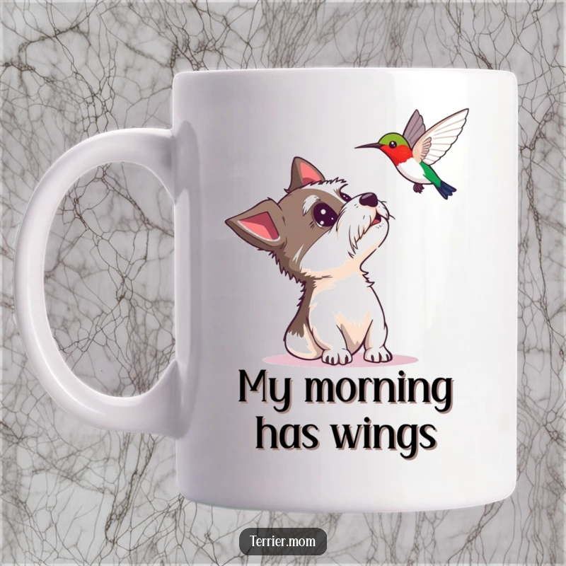 Funny mug featuring a surprised terrier gazing upwards with wide-eyed delight at a tiny hovering hummingbird, capturing a moment of pure joy.