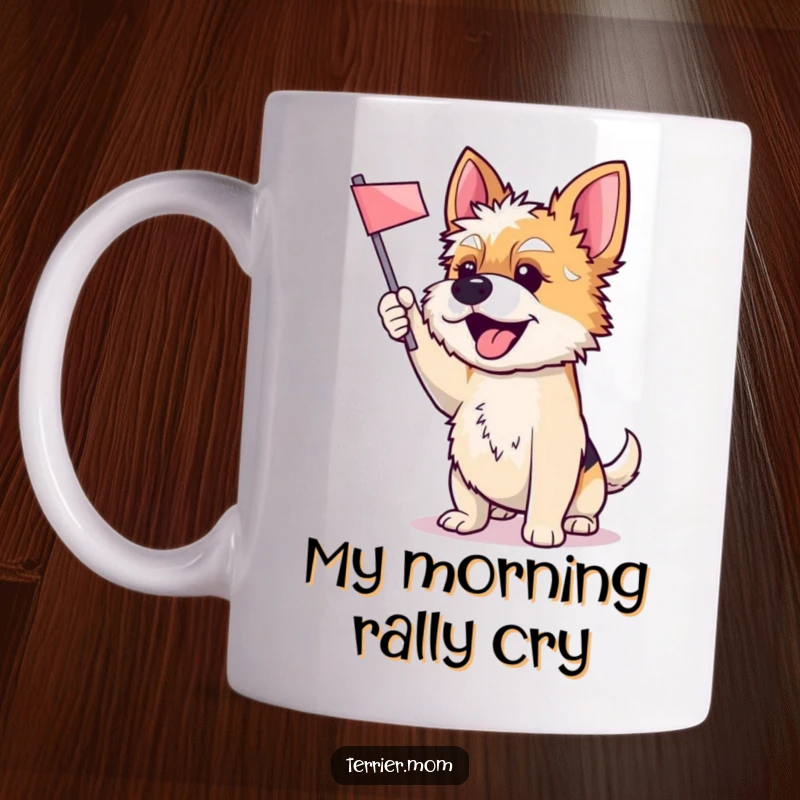 Funny mug featuring an excited Terrier dog enthusiastically waving a small flag, ready to celebrate any occasion with boundless energy.