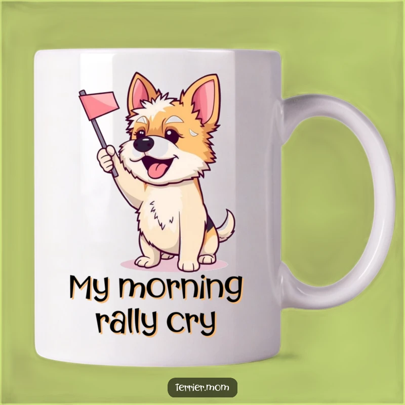 Funny Terrier Dog Cheering Gift Mug: Enthusiastic Pup Waving Flag For You