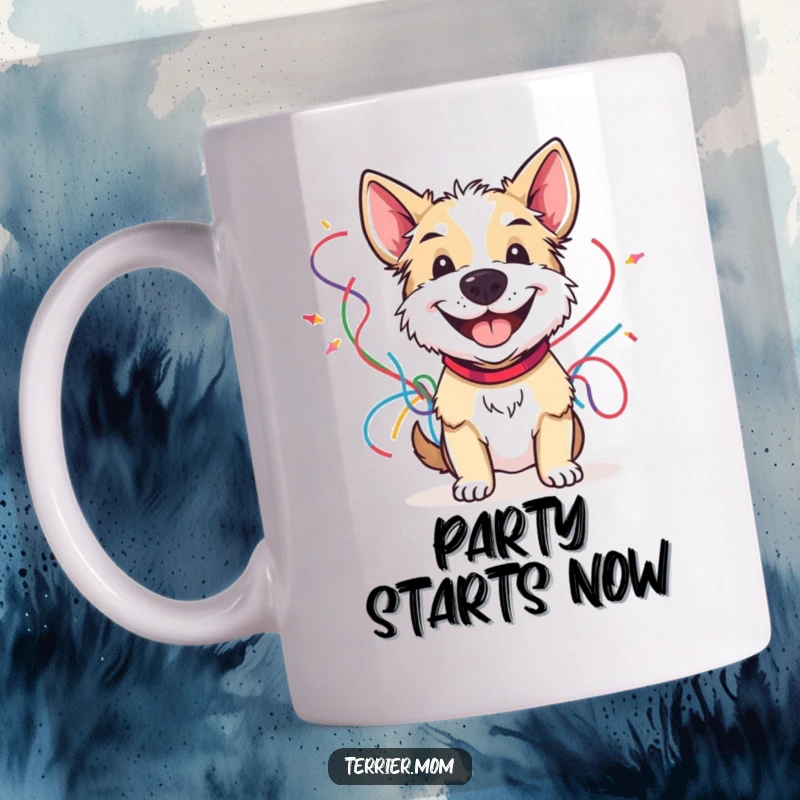 Funny mug showing a happy terrier with a wide grin, holding a bunch of colorful streamers, ready for a celebration.
