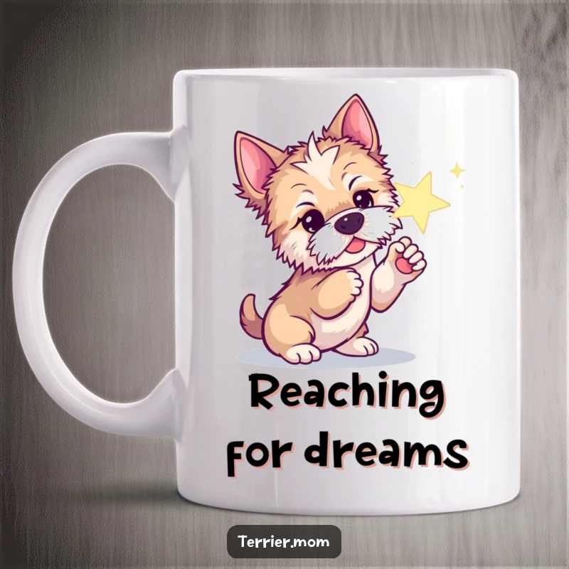 Funny mug featuring a curious Terrier dog gently poking a large, sparkling star with its paw.