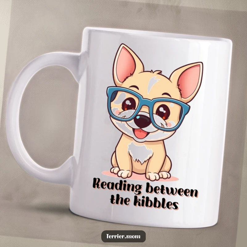 Funny terrier with a playful smile wearing oversized reading glasses, depicted on a coffee mug.