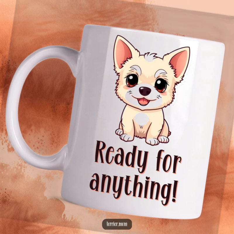 Funny Kawaii Terrier dog mug, showing an alert and happy dog with pointed ears, perfect for dog enthusiasts seeking a cheerful design.