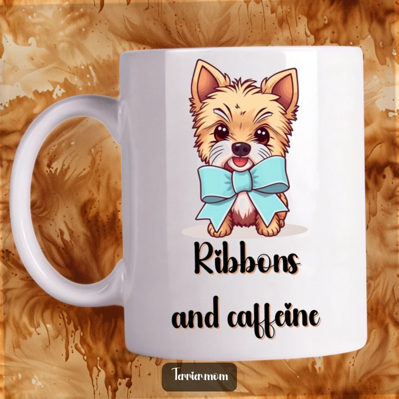 Funny Kawaii Terrier dog mug, showcasing the adorable pup wearing a comically large, festive celebration ribbon, looking proud and happy.