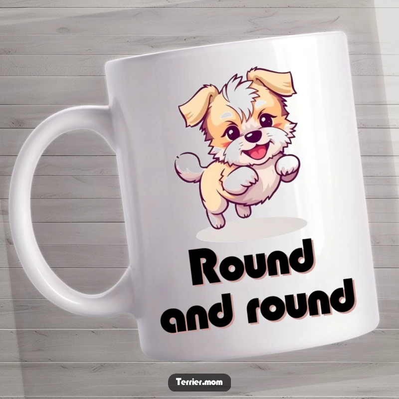 Funny Kawaii Terrier dog mug, showing a playful dog chasing its own tail in circles, perfect for humor lovers.