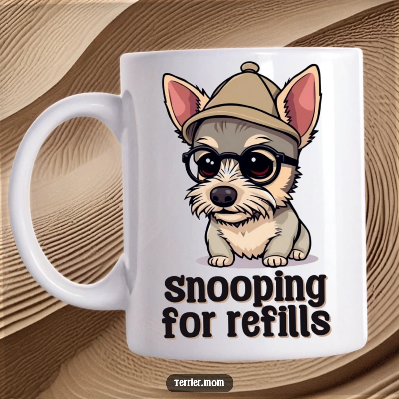 Funny detective terrier mug featuring a dog in a tiny hat, peering closely with a magnifying glass in a comical investigative pose.