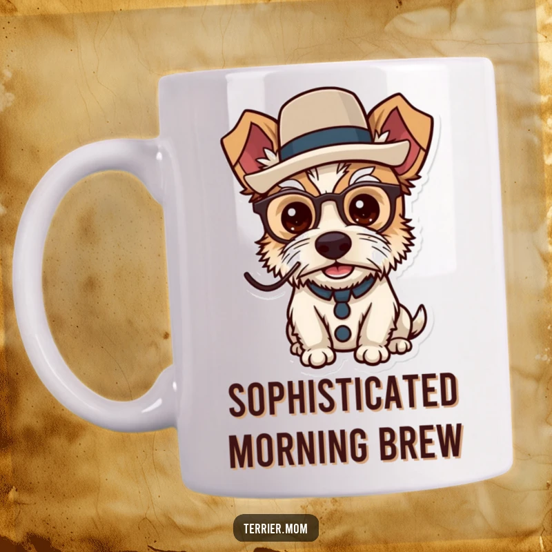 Funny dapper terrier mug showing a dog wearing a monocle and top hat, looking very sophisticated.