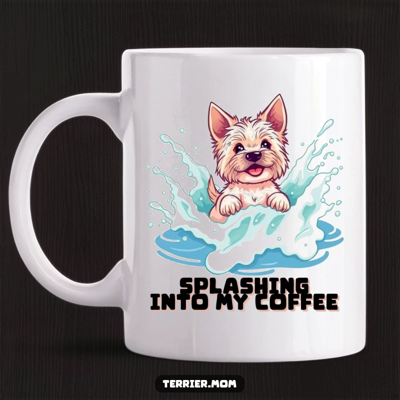Funny terrier mug showing a dog gleefully splashing in a vibrant, foamy ocean wave, embodying beach fun and energy.