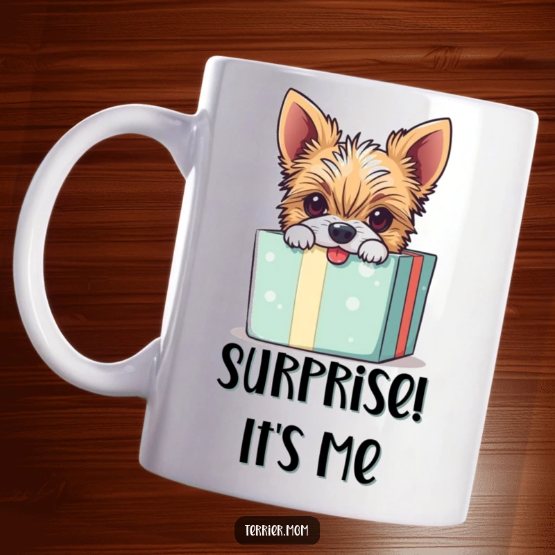 Funny mug showing a mischievous Terrier dog peeking its head out from a colorful gift box.