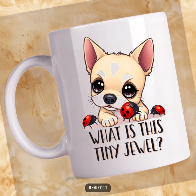 Funny Terrier Mug: A bright-eyed terrier curiously inspects a shiny ladybug, capturing a moment of pure canine wonder and delight.