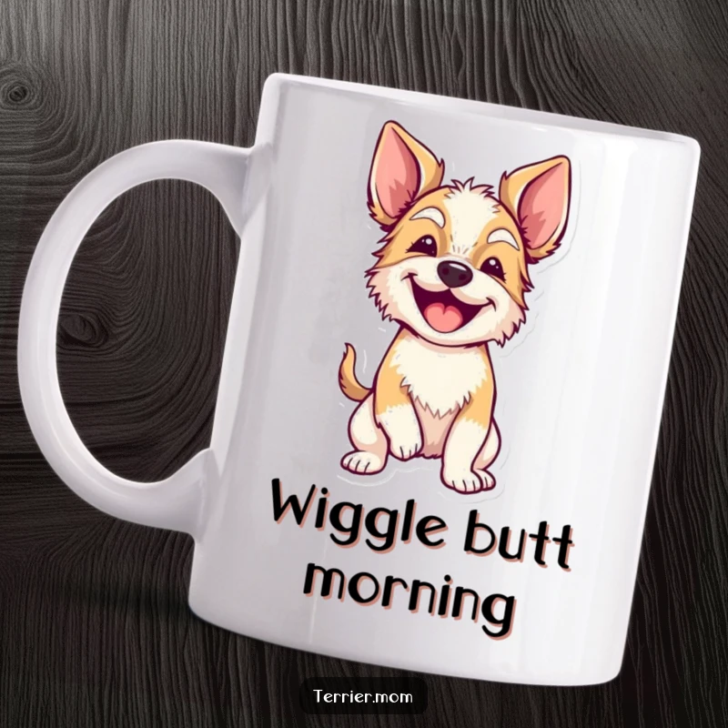 Funny terrier with floppy ears doing a full-body wiggle of excitement on a ceramic mug, embodying pure canine happiness.