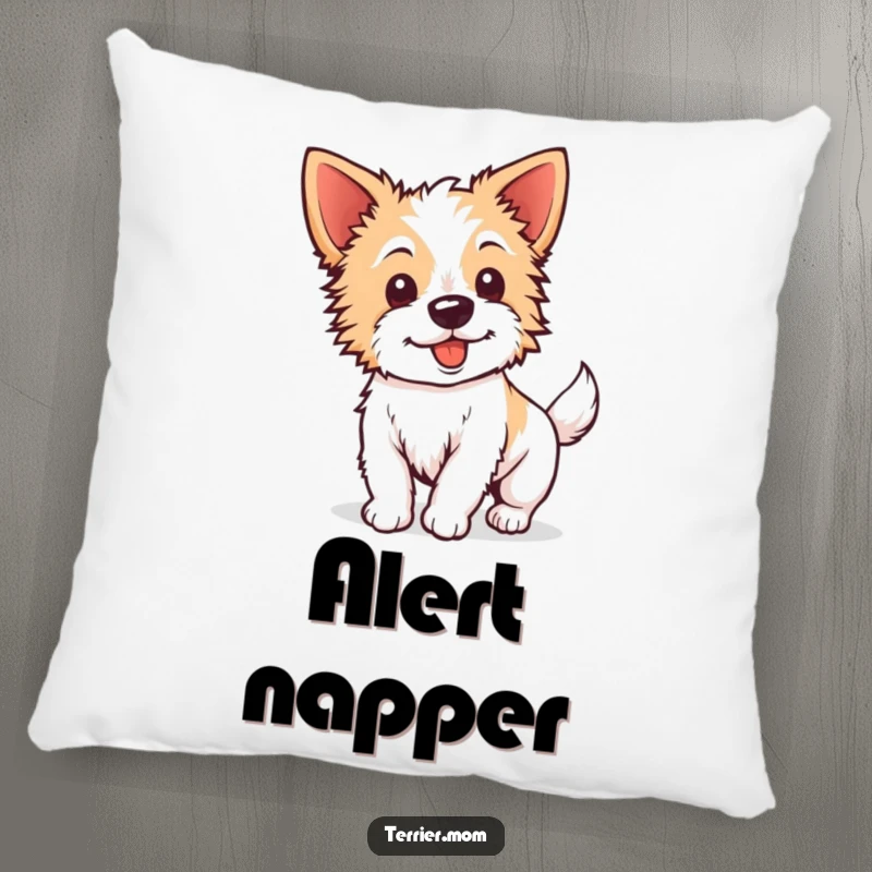 Funny Kawaii Terrier Pillow: A plush cushion featuring an energetic dog with perky ears wagging its tail, perfect for snuggling.