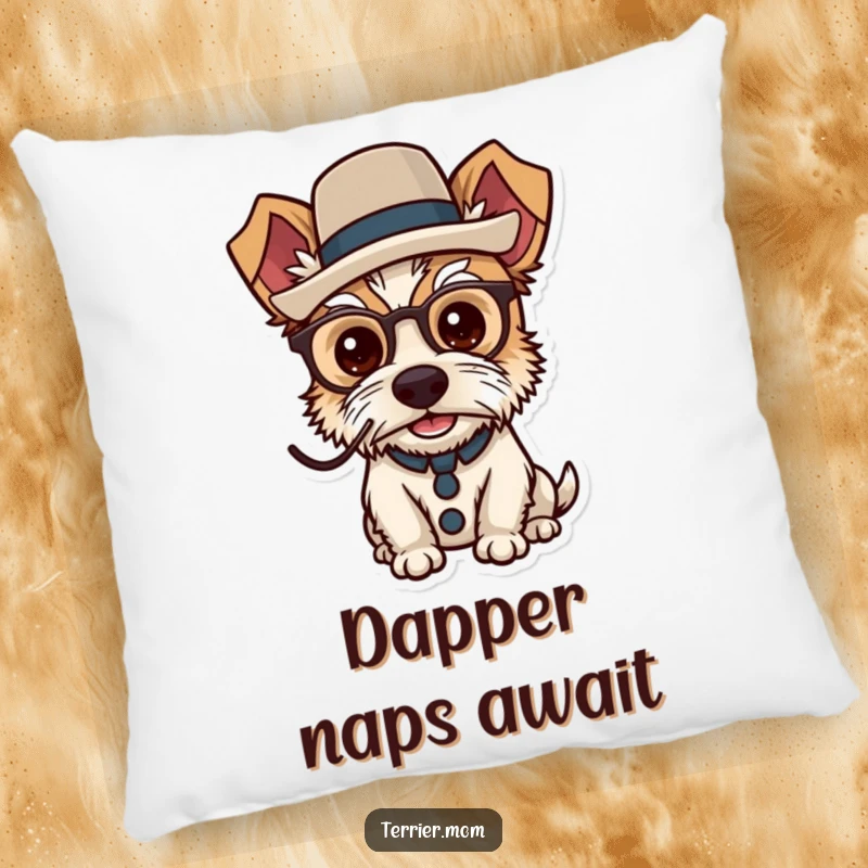 Funny dapper terrier pillow showing a dog wearing a monocle and top hat with poise.