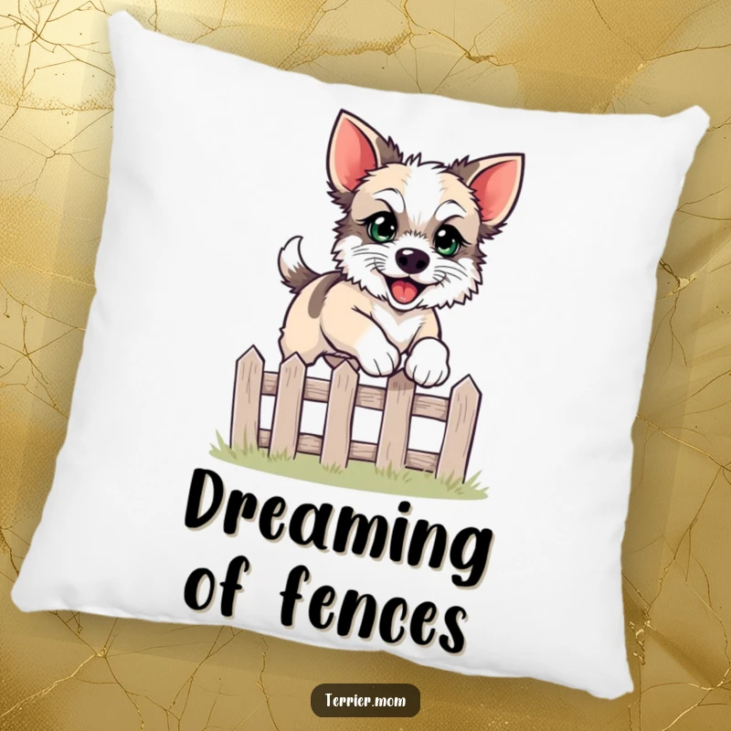 Funny leaping terrier pillow showing a happy dog with bright eyes jumping over a fence.
