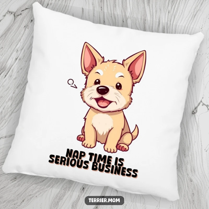 Funny terrier pillow featuring a dog barking from a speech bubble, providing comfort and a humorous, playful touch for relaxation and gifts.