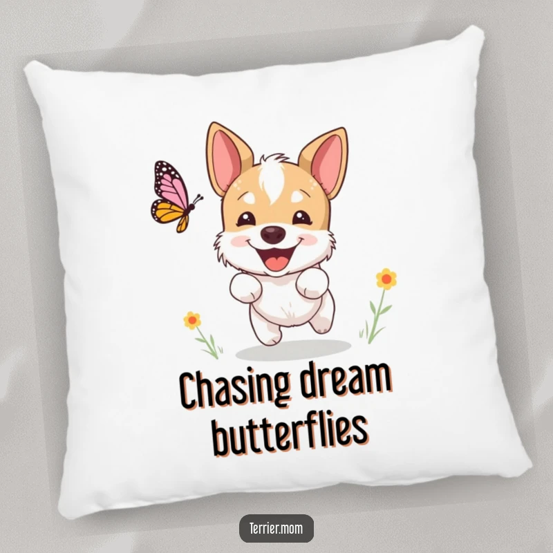 Funny terrier pillow, a dog excitedly chasing a butterfly with a happy expression, perfect for comfort and as a funny gift.