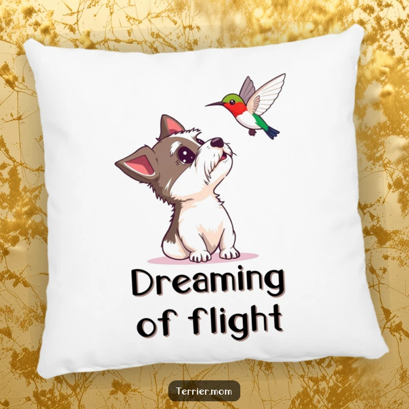 Funny pillow with a delighted terrier gazing up in surprise at a hovering hummingbird, adding cute and humorous decor to any room.
