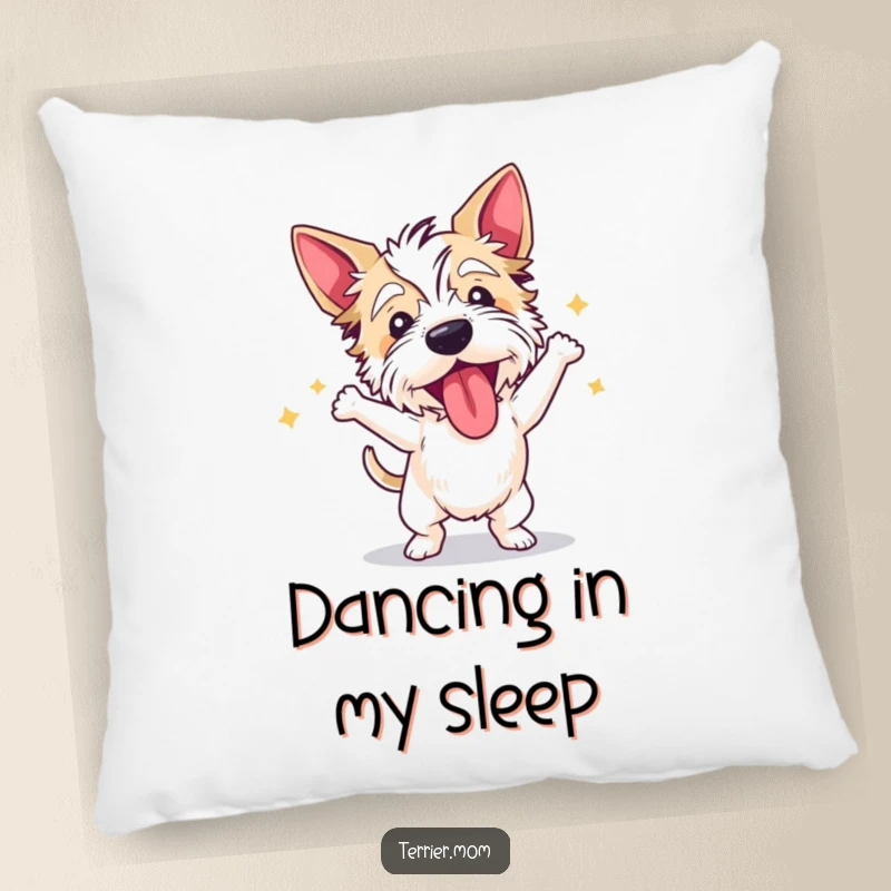 Funny terrier pillow with a dog dancing wildly with its tongue out, offering comfort and whimsical fun.