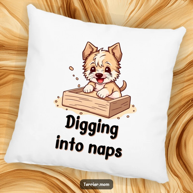Funny Pillow featuring a terrier happily digging in a sandbox, dirt flying, soft and comforting.