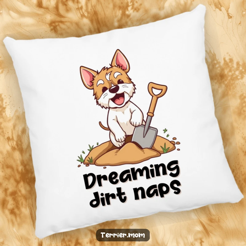 Funny terrier pillow showing an excited dog digging with a shovel, offering comfort and a dose of canine enthusiasm.