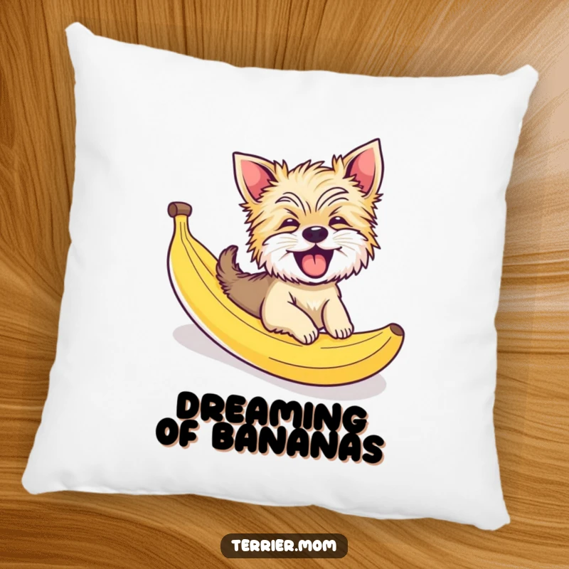 Funny pillow showcasing a giggling Terrier dog mid-slide down a banana peel, adding a touch of comical comfort.
