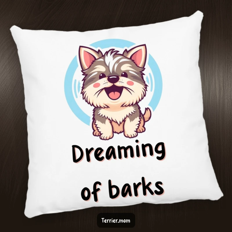 Funny Kawaii Terrier Dog Pillow featuring a cute dog whose cheerful bark is visualized as a sound wave, soft and expressive.