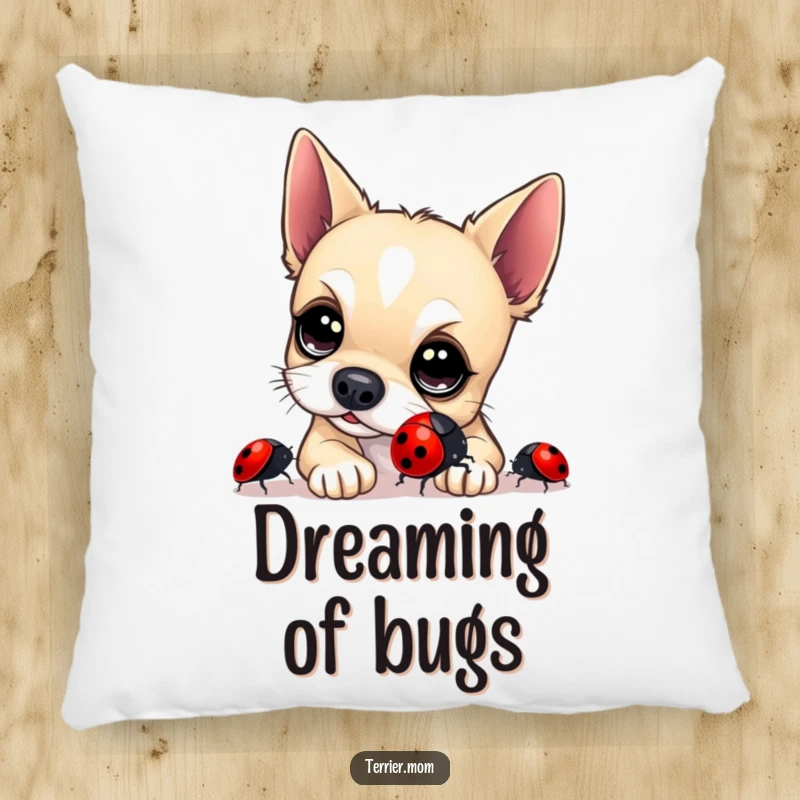 Funny Terrier Pillow: A soft pillow showcasing a curious terrier with bright eyes meticulously examining a shiny ladybug, adding humor to decor.