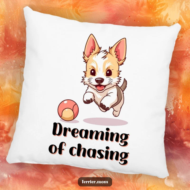 Funny pillow featuring a kawaii terrier with perky ears intently chasing a bouncing ball, bringing playful energy and comfort to any space.