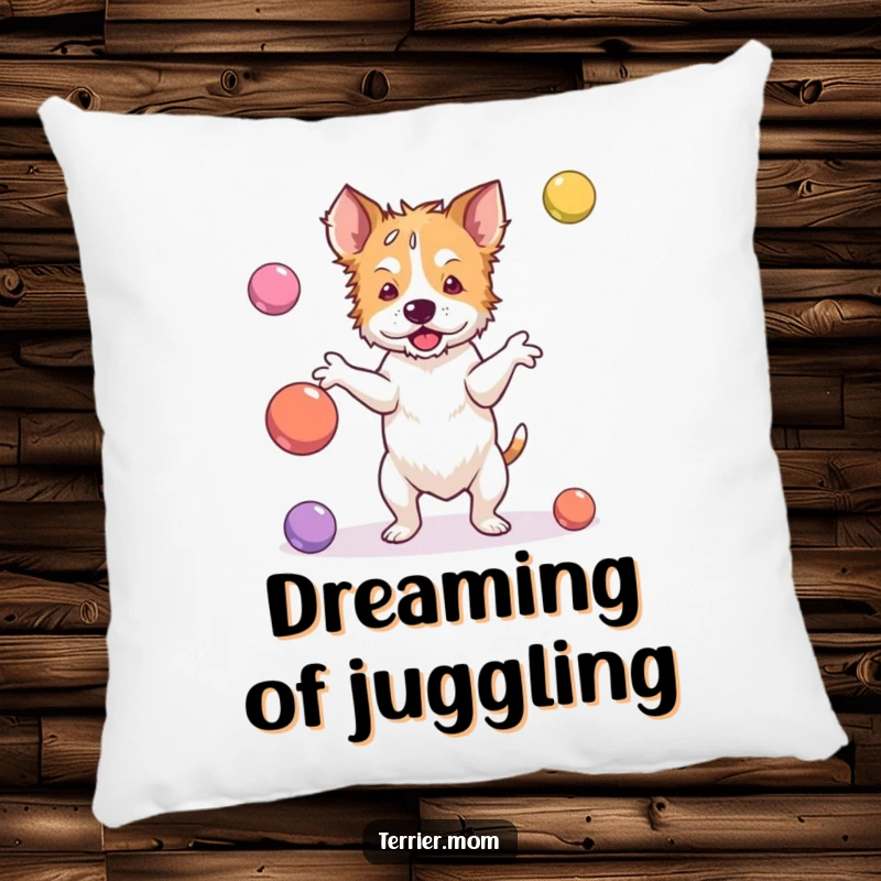 Funny terrier pillow with a dog clumsily juggling bouncy balls, offering comfort and whimsical humor.