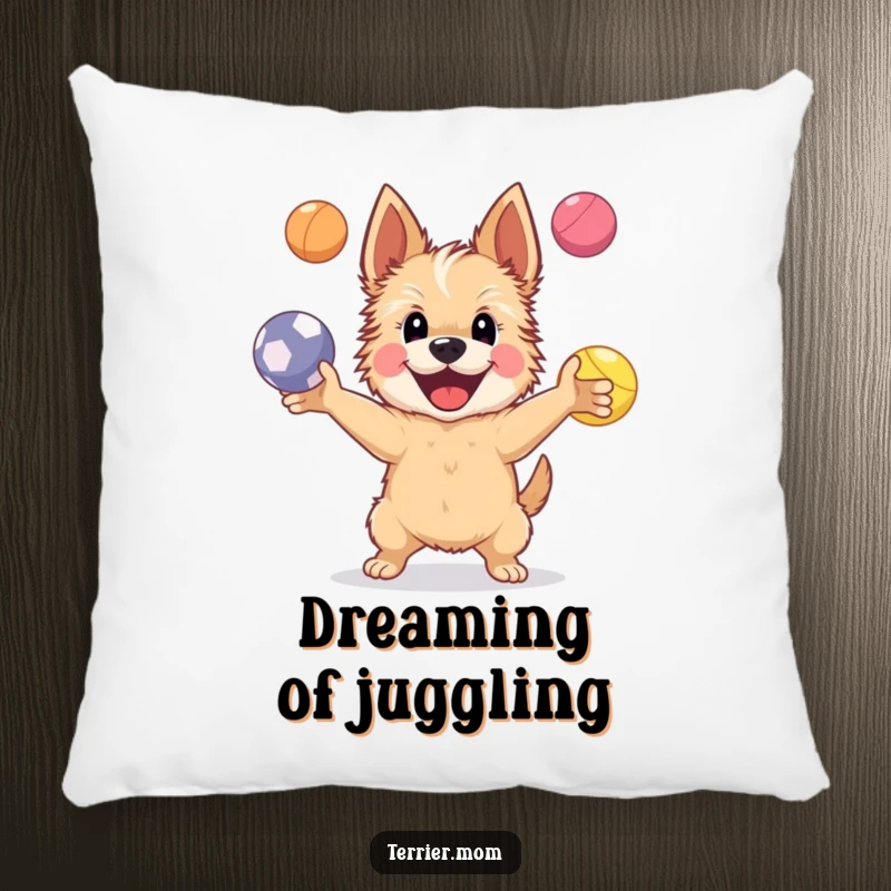 Funny Pillow featuring a happy Terrier dog juggling four bright bouncing balls, designed for comfort and a touch of whimsical skill.