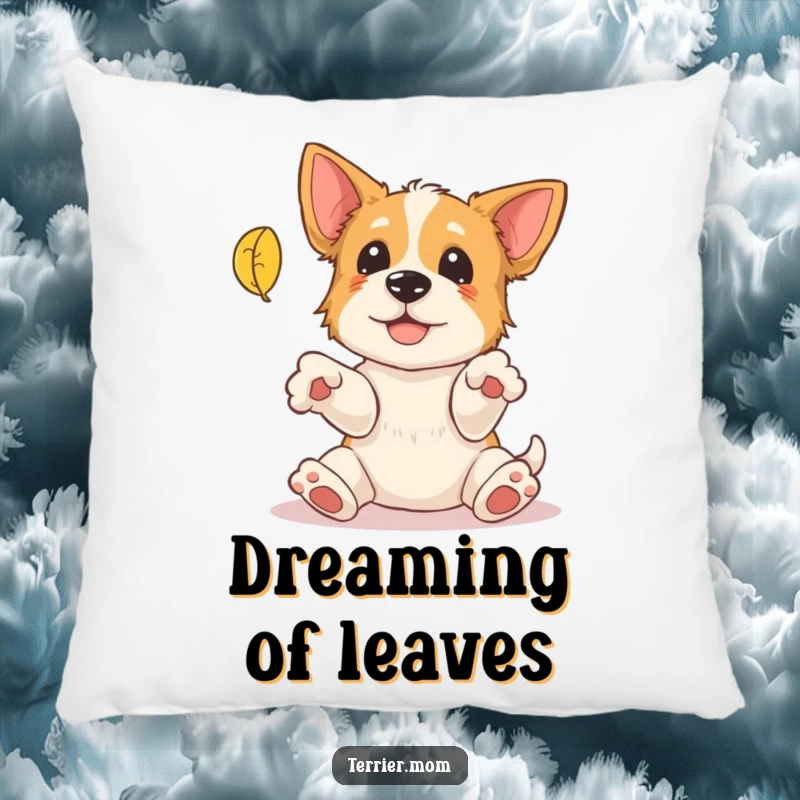 Funny Terrier Pillow: A soft pillow featuring a terrier with paws outstretched humorously trying to catch a falling leaf, perfect for autumn comfort.