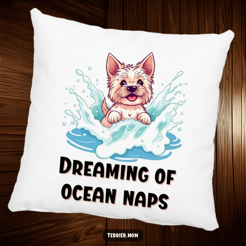 Funny terrier pillow featuring a dog splashing in a foamy wave, perfect for adding a touch of cozy beach humor.