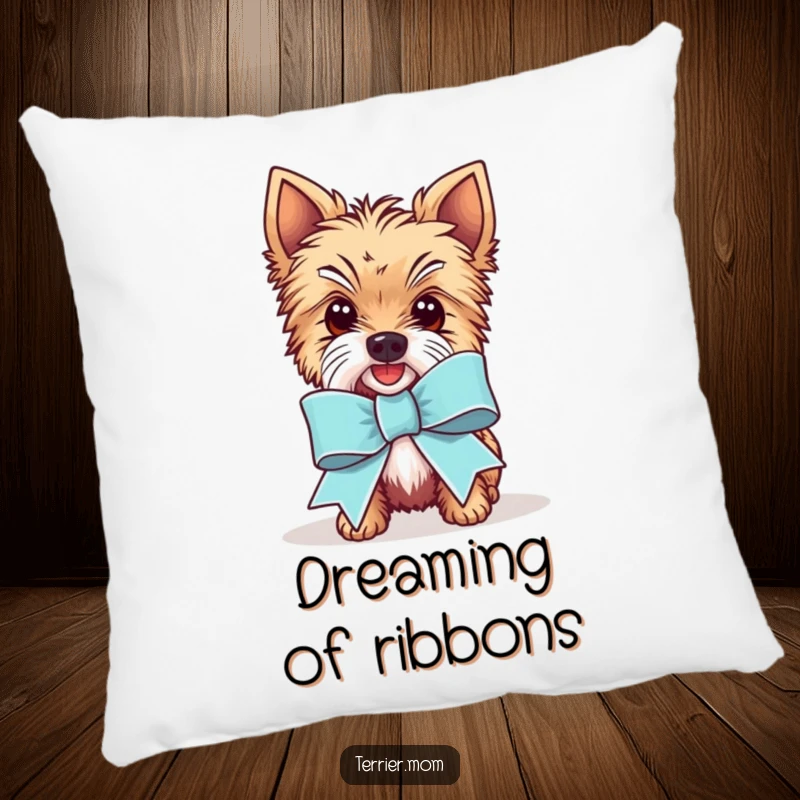 Funny Kawaii Terrier dog pillow, showing the adorable pup wearing a comically enormous festive ribbon, offering plush comfort and humor.
