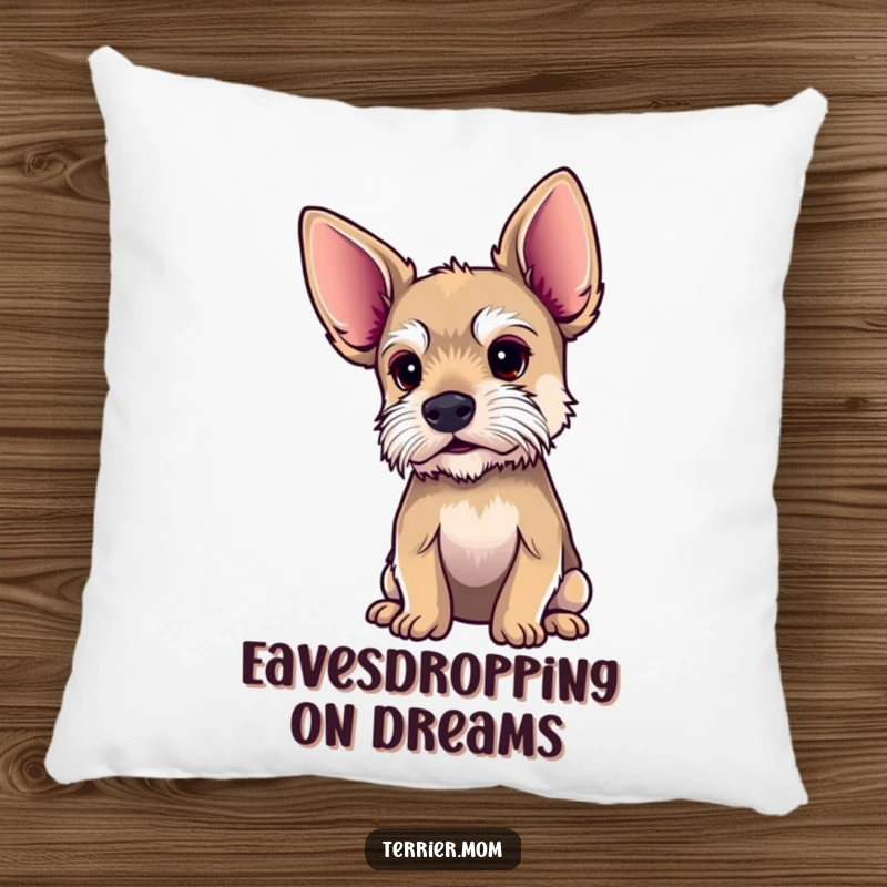 Funny terrier pillow with oversized ears, depicted intently listening, offering comfort and whimsical humor.