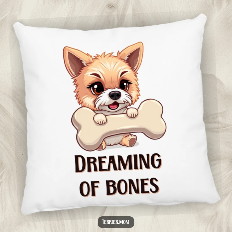 Funny decorative pillow with a mischievous terrier clinging to a giant bone, symbolizing playful dog antics and pure happiness.