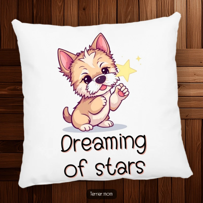 Funny pillow showing a curious Terrier dog poking a sparkling star with its paw, full of wonder.