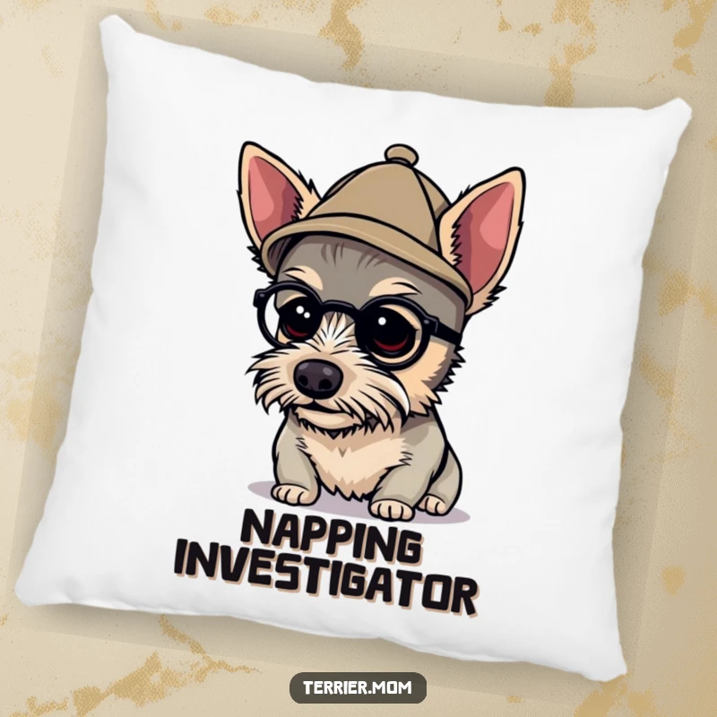 Funny detective terrier pillow showing a dog in a tiny hat, peering closely, offering comfort and a dose of canine sleuthing.