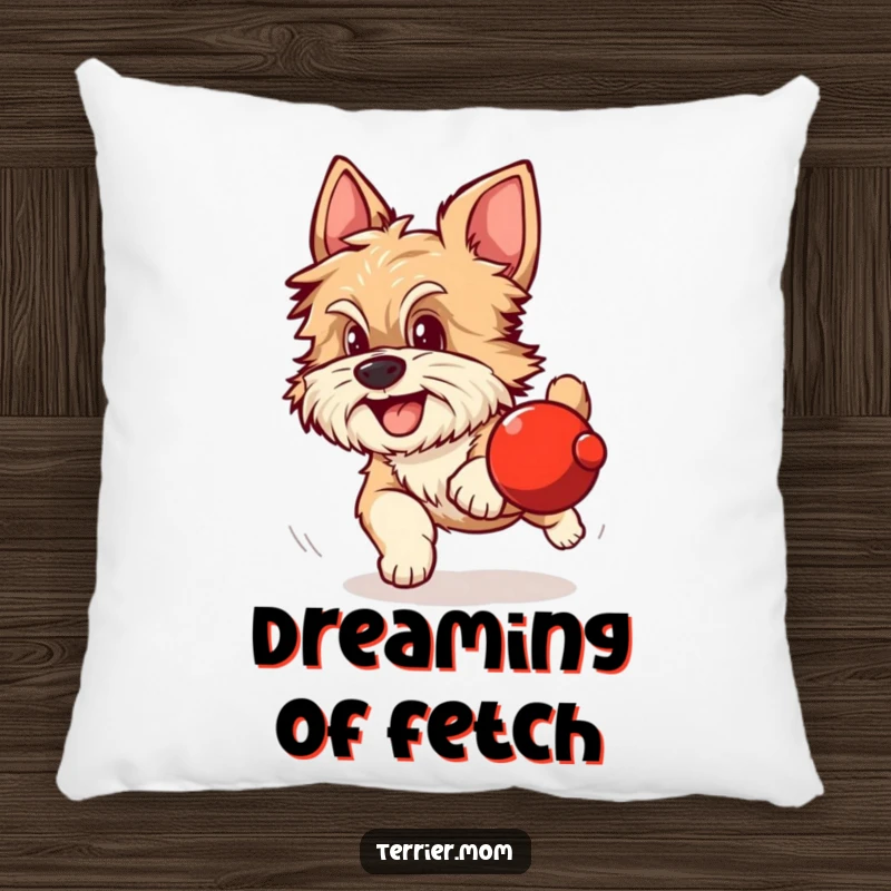 Funny pillow showing a scruffy dog with alert ears excitedly chasing a rolling red sphere.