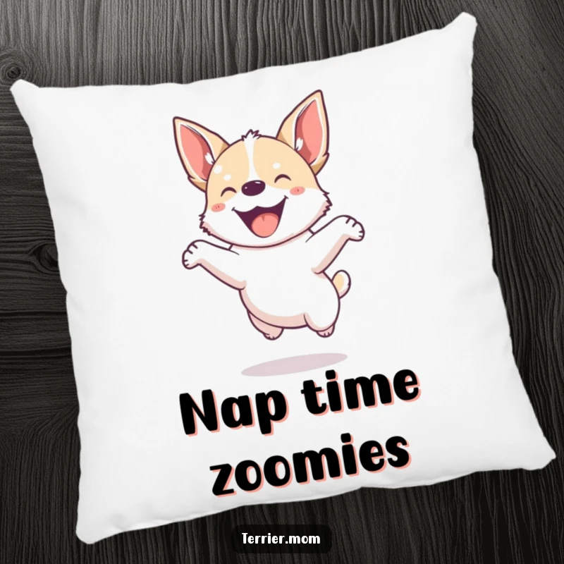 Funny pillow showing a small, energetic dog with pointed ears jumping joyfully with infectious energy.