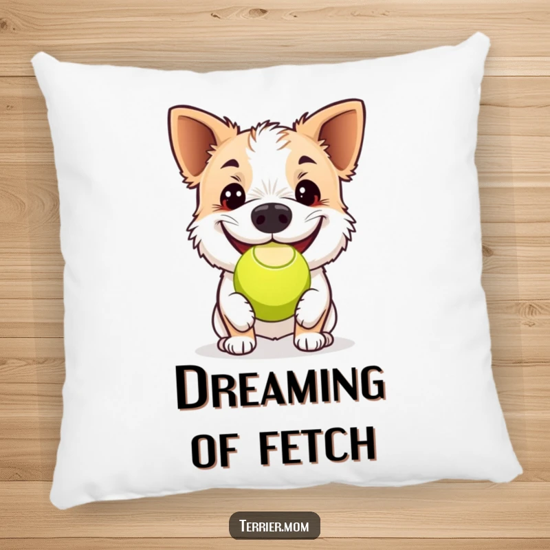 Funny terrier pillow, a dog happily playing with a tennis ball using its nose, showcasing a wide grin and playful spirit.