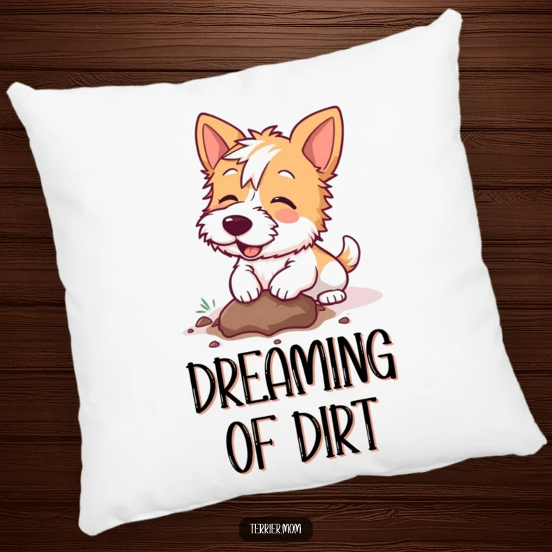 Funny Kawaii Terrier dog pillow, soft and huggable, showing a dog joyfully digging a hole, perfect for adding comfort and amusement.