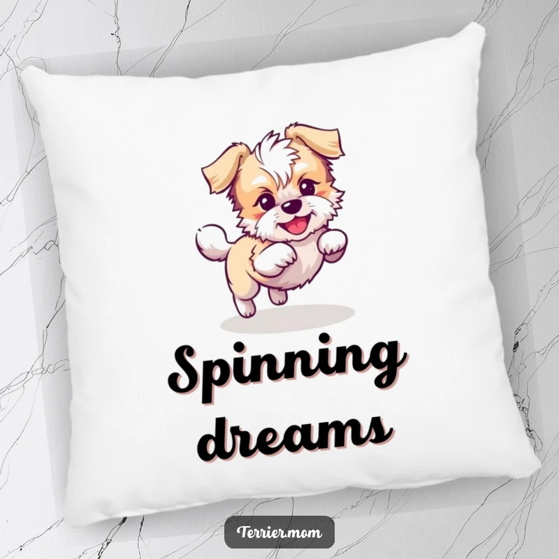 Funny Kawaii Terrier dog pillow, soft and huggable, showing a playful dog chasing its tail in circles, perfect for comfort and amusement.