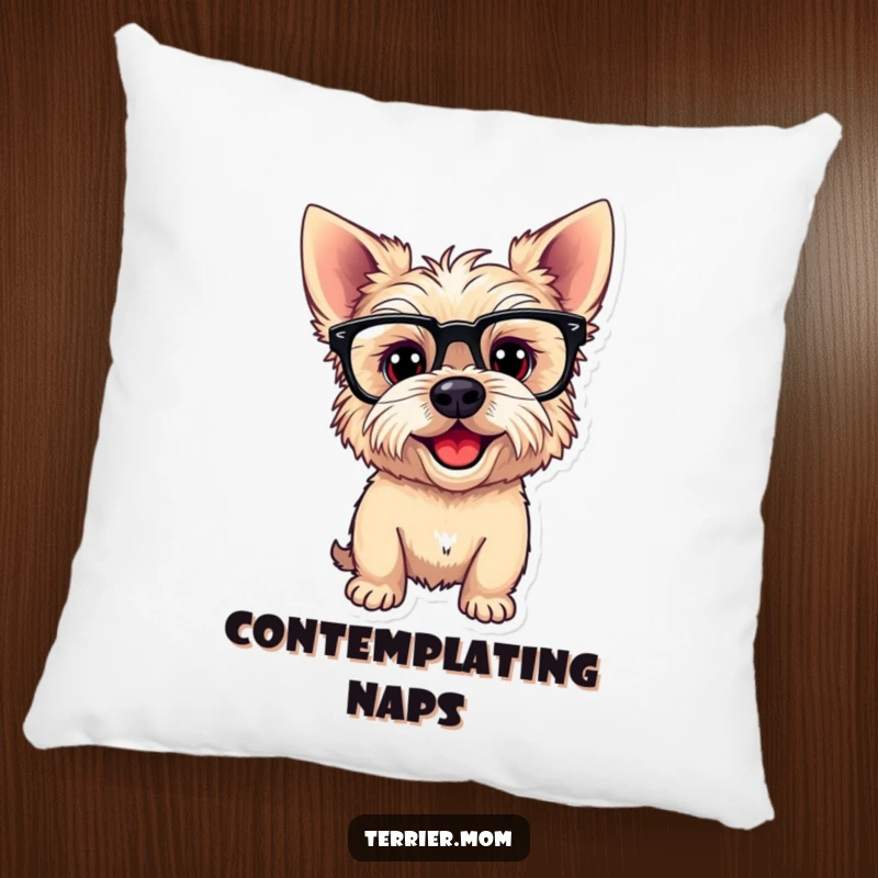 Funny Pillow featuring a playful Terrier dog wearing funny glasses and tilting its head, designed for comfort and a touch of witty charm.