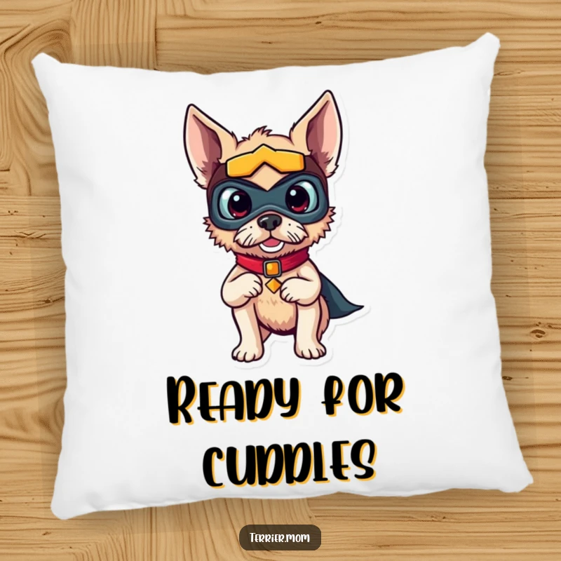 Funny pillow showcasing a cute terrier dog in a superhero mask, striking a relaxed yet funny heroic pose for comfort.