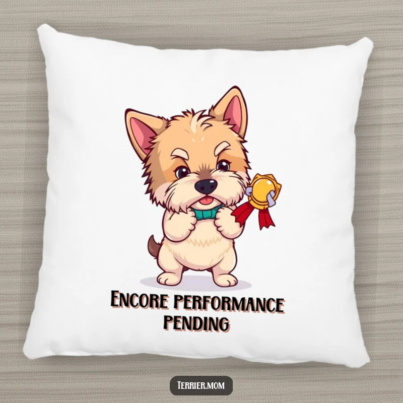 Funny terrier pillow, a dog performing an exaggerated, humorous bow, embodying theatrical flair and canine charm for cozy decor.