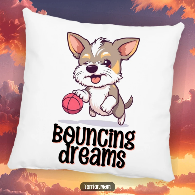 Funny Terrier pillow, determined dog, bouncing ball, focused pet, humorous cushion, cozy decor, delightful funny gift.