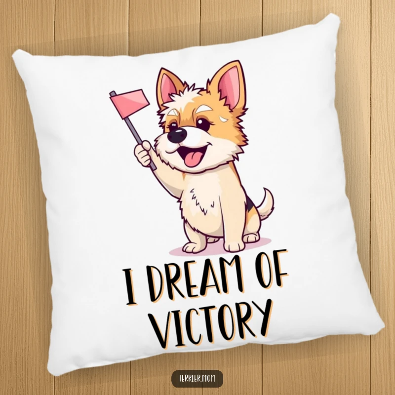 Funny pillow featuring a happy Terrier dog energetically waving a small flag, bringing a cheerful and comforting vibe to any room.