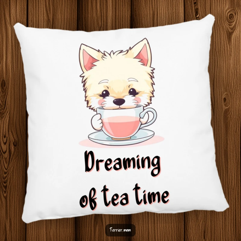 Funny pillow featuring a serene Terrier dog sipping from a miniature teacup, bringing a touch of cozy elegance and humor.