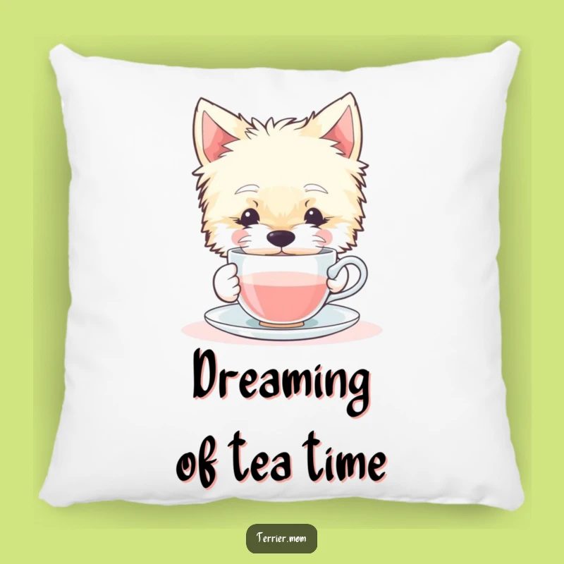 Funny Terrier Dog Pillow: Contented Sips Tiny Teacup Cushion Gift